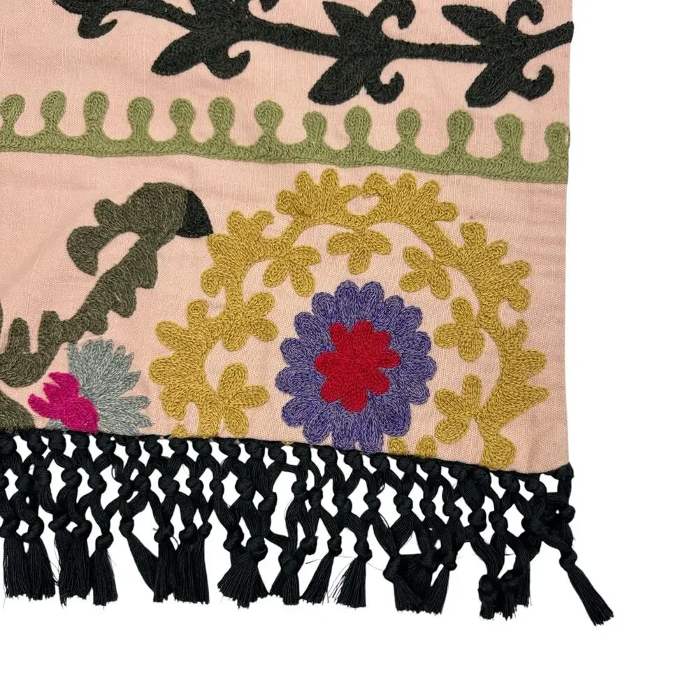 Pottery Barn Embroidered Lumbar Pillow Cover Boho Tassel Woven Cotton